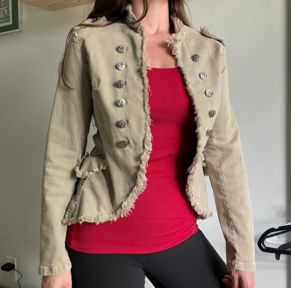 Steampunk Military Style Jacket Sz XS Cotton Blend Beige / Tan Raw Edge Fringe